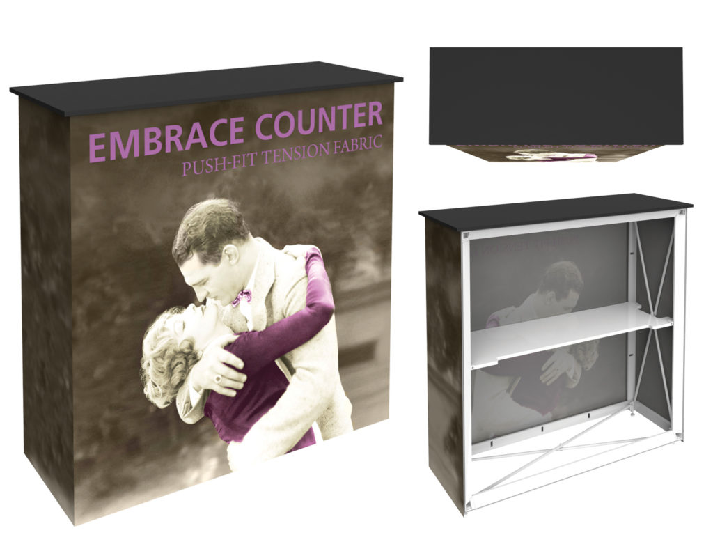 Embrace Counter portable exhibit front, back, top