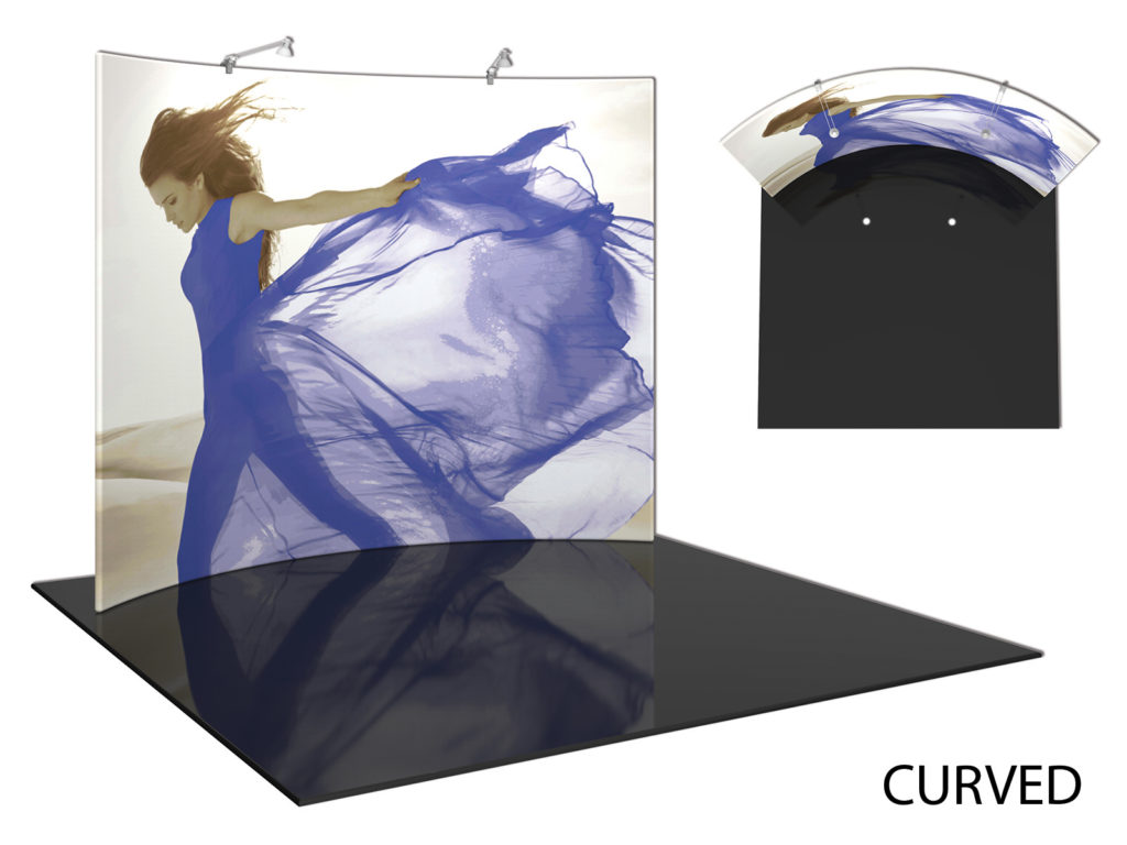 Formulate Master curved 10 foot fabric backwall exhibit.
