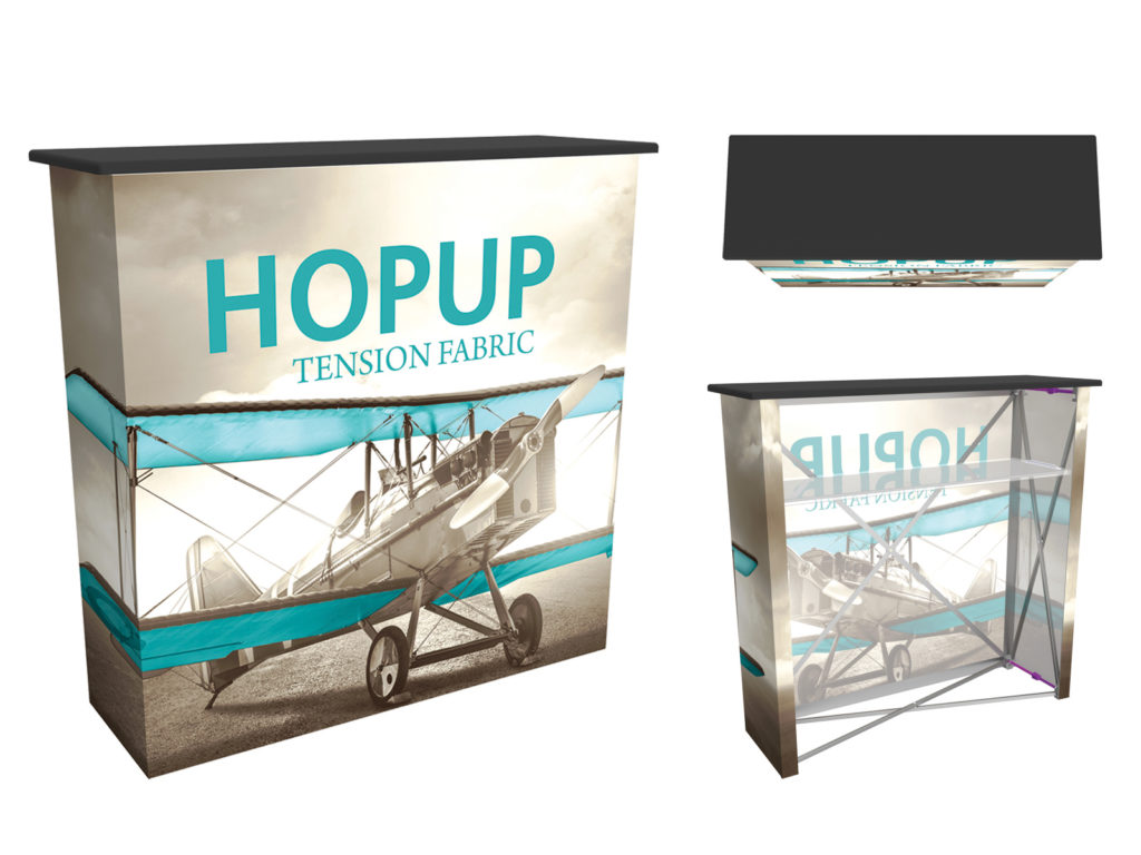 Hopup Counter for portable booth - front, back, and top view