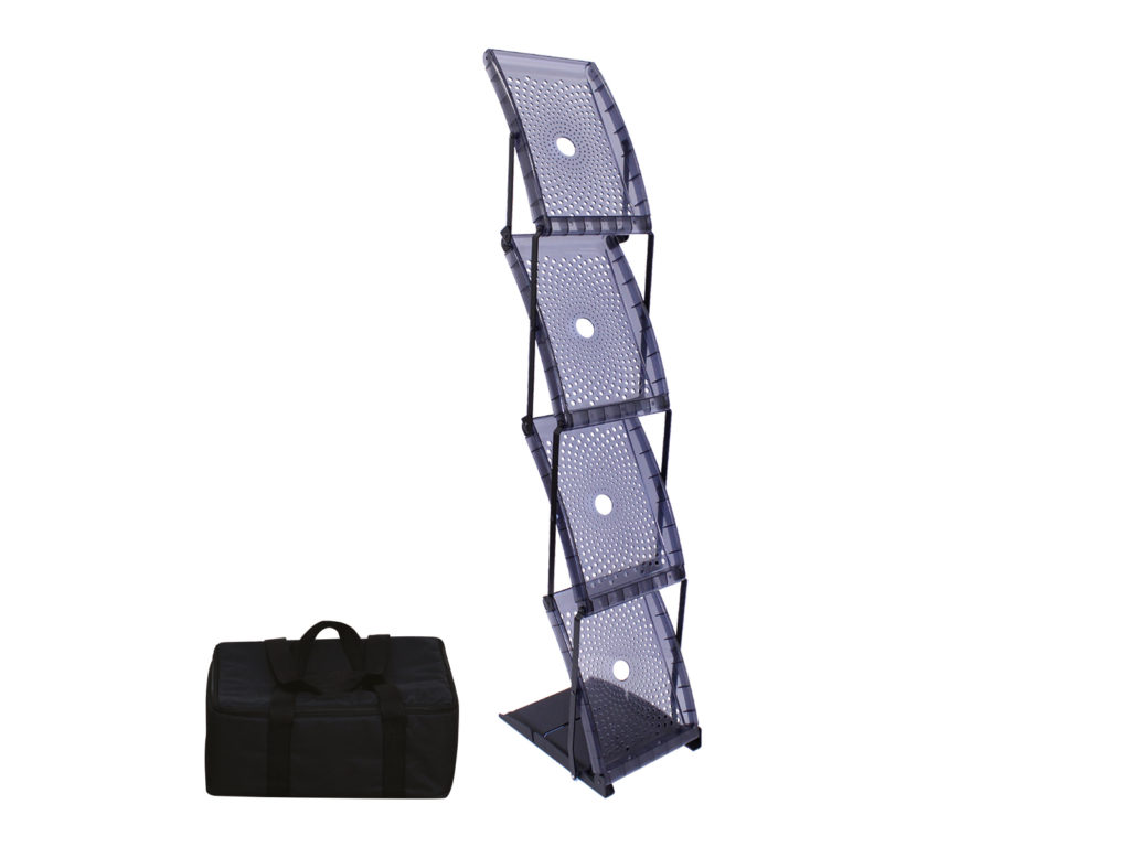 sided literature rack and soft sided case.