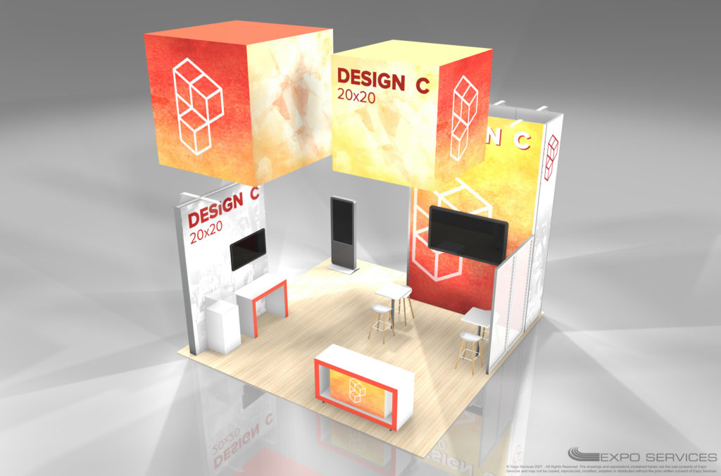 Expo Services Rental 20x20 Modular Kit 54 Island overview.