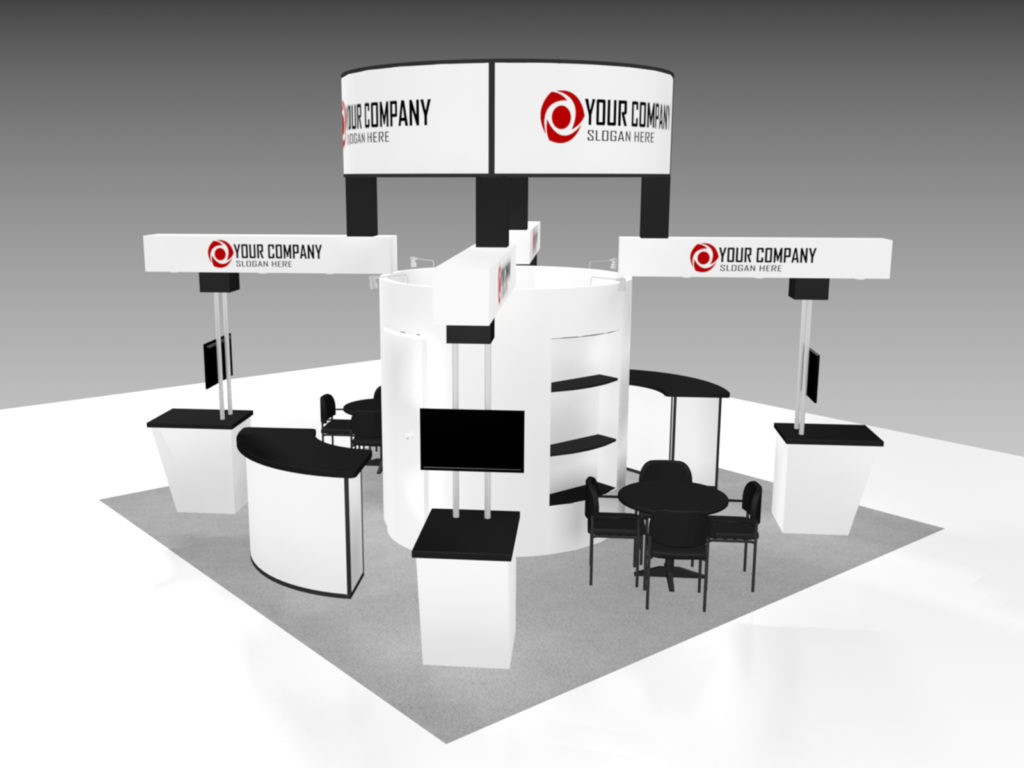 ESP 21 White Modular Island 20x20 booth side view.